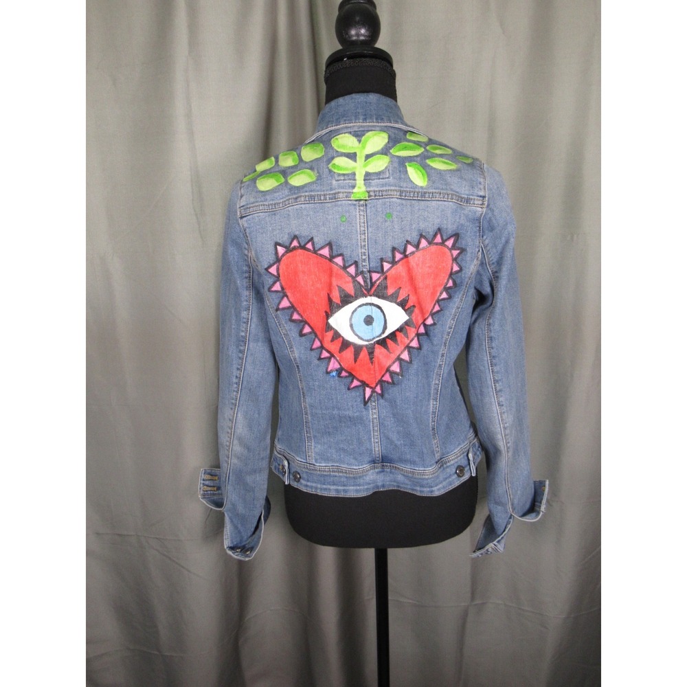 The Limited Womens Small Hand Painted Denim Jacket Light Wash Heart Eye Graphic